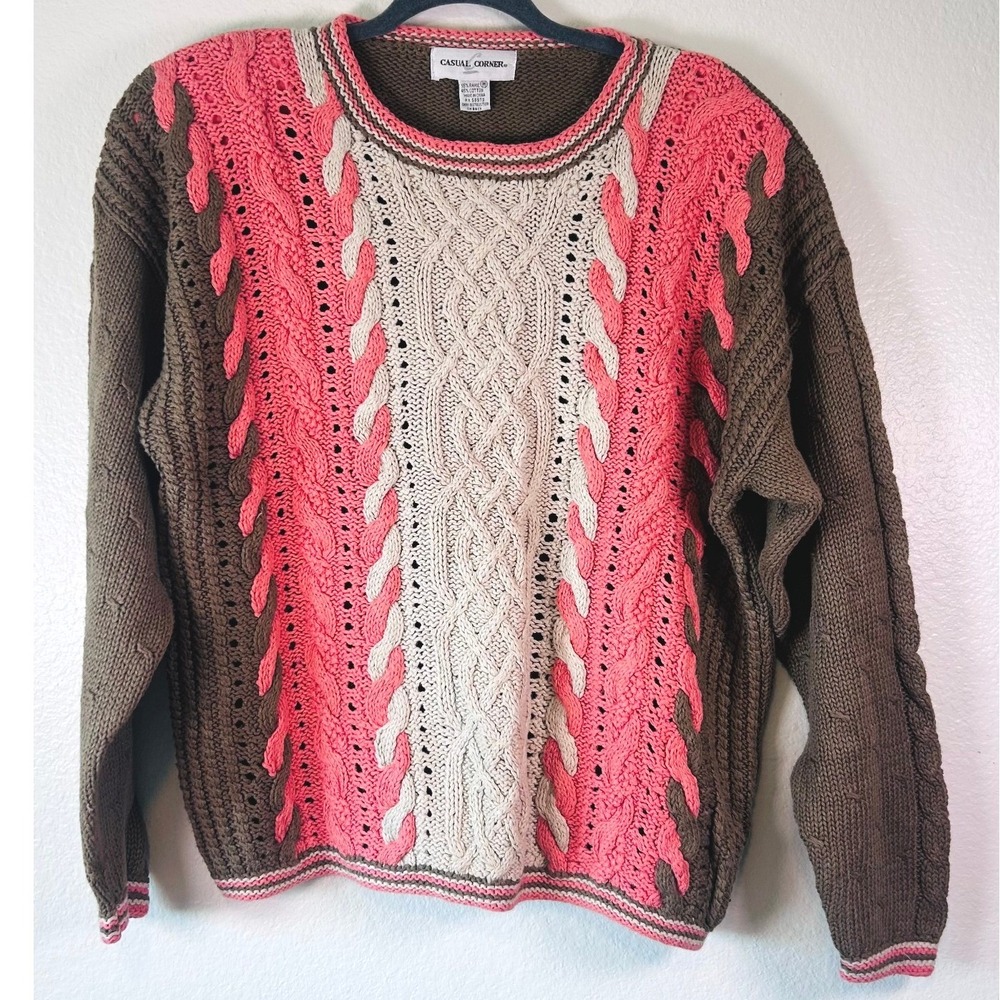 Vintage Cable Knit Sweater Cortagecore Eclectic Brown Pink Cream Ramie Cotton M